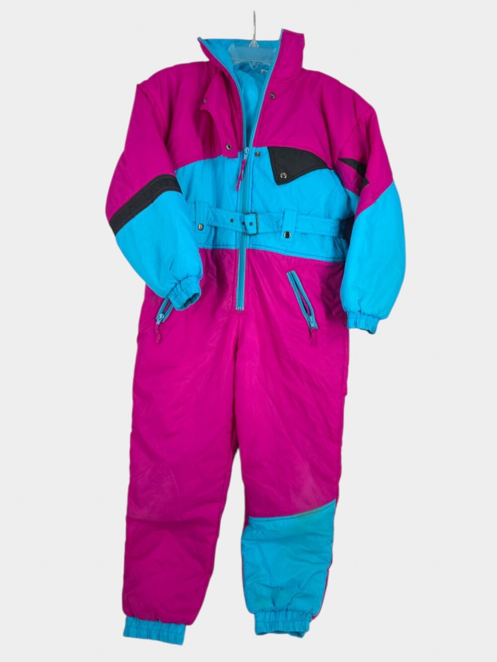 Vintage 90's Ski Suit Kids Size 12 Colorblock Hooded Belted Zip/Snap Closure